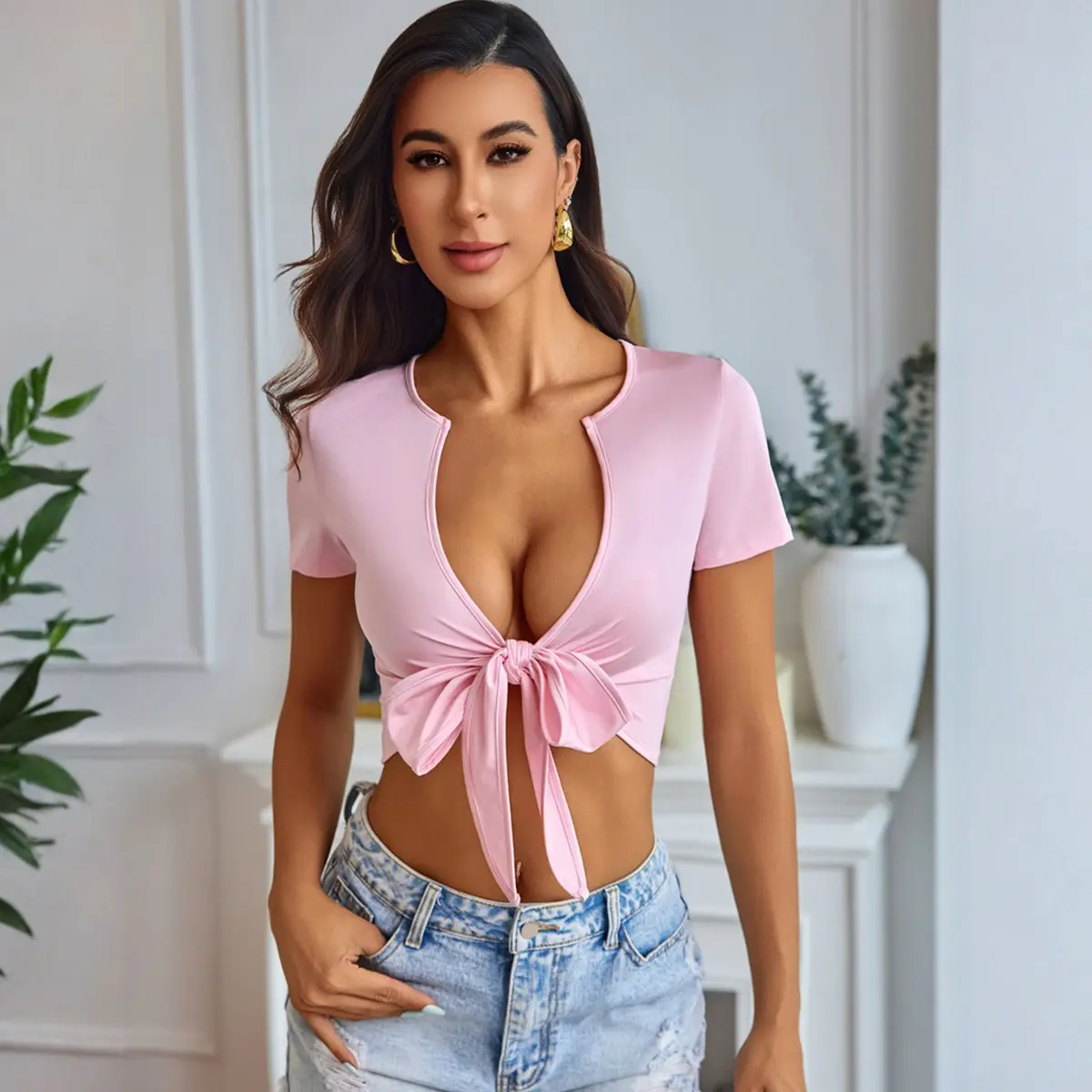 Avidlove Tie Front Crop Tops for Women Deep V Neck Short Sleeve Sexy Tops  Summer Cute Shirts