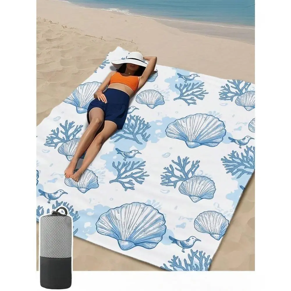 Coastal Seashell Print Microfiber Beach Towel - Smooth, Lightweight, Sand-Repel Fabric, Fast-Dry, Absorbent, with Storage Bag, Ideal for Pool/Beach Use