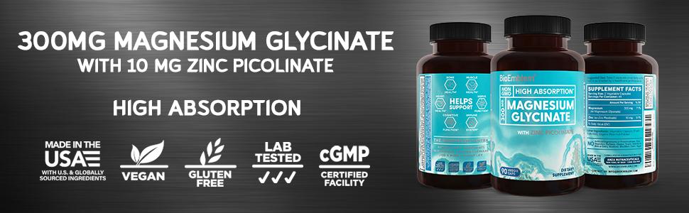 BioEmblem Magnesium Glycinate with Zinc - 300mg Chelated Magnesium Supplement - High Absorption 2-in-1 Complex - Immune Support, Muscles, Nerves
