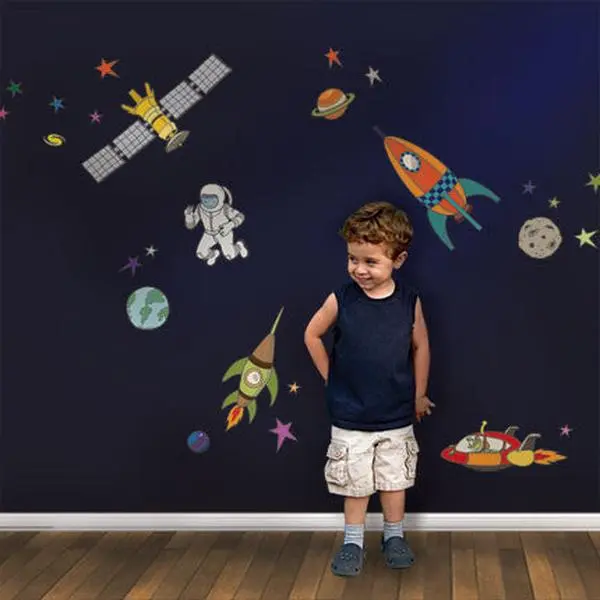 Decorative Space Theme Peel-and-Stick Wall Stickers - Vinyl Stars & Rocket Designs, Removable Adhesive Film Wall Stickers & Murals, Kids’ Room Home Decor Learning Tool, Outer Space