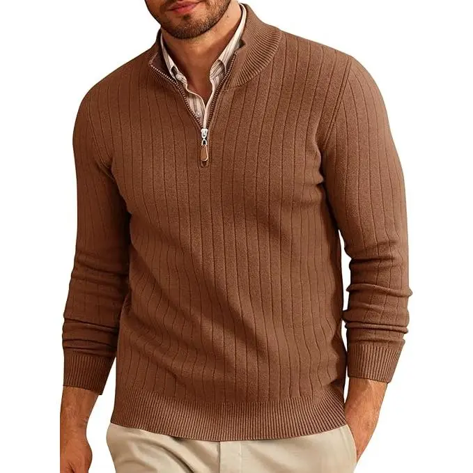 Runcati Mens Quarter Zip Sweater Mock Neck Casual Ribbed Knit Pullover Fall Lightweight Polo Sweaters