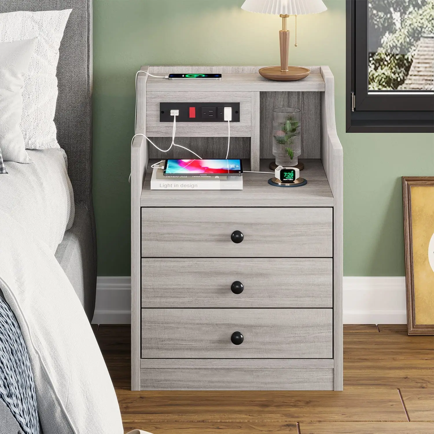 Sikaic Grey Bedroom Nightstand - 3 Drawers, Charging Station with 2 USB Ports & 2 Outlets, Waterproof Desktop, Dirt-Resistant Hutch Shelf, Modern Night Stand for Small Spaces, 13.8"d x 17.7"w x 26.8"h Apartment Furniture Bedside Table Cabinet, Room Decor