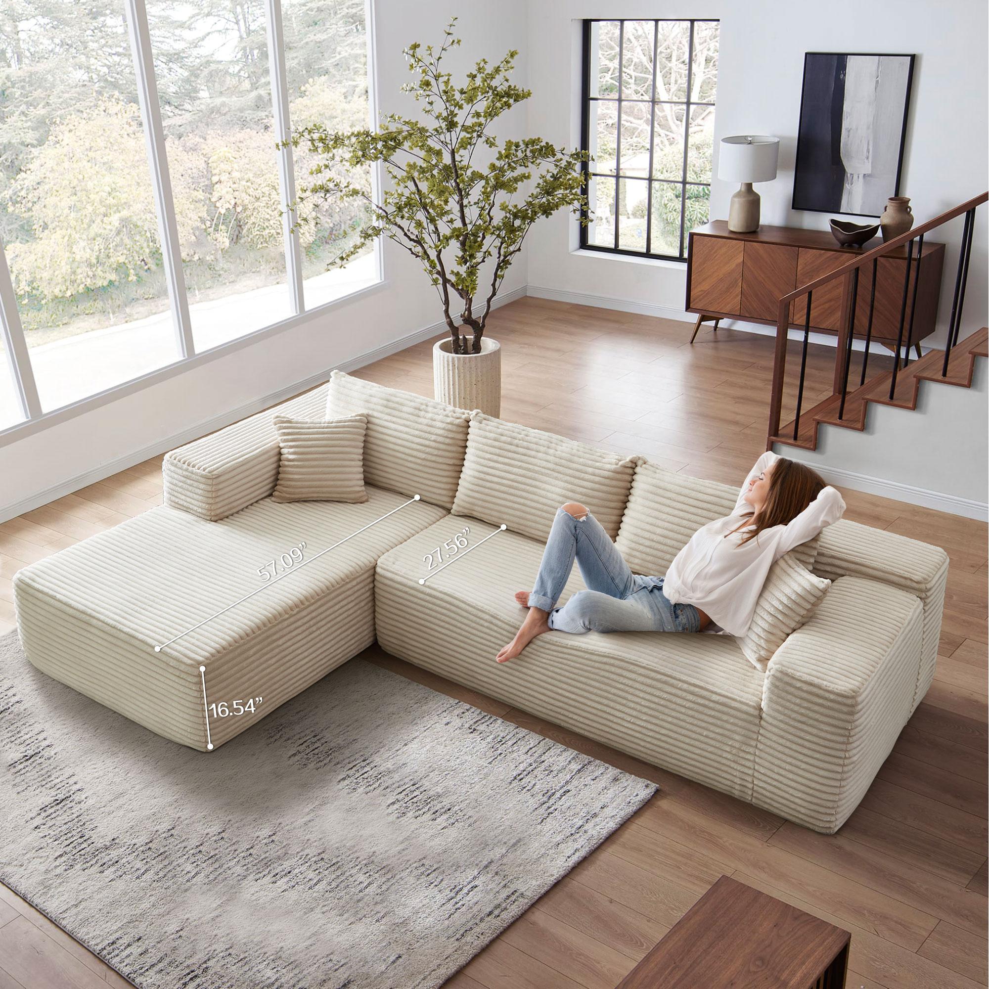 【3 Packages Shipping】Ovios 104" Modular Couch with Chaise and 49'' Boneless Chaise Lounge - L-Shaped Sectional Sofa Set with Flexible Configuration, Plush Corduroy Cloud Velvet Fabric,No Assembly Required, 5 Seater