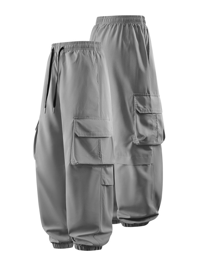 CCCMAI Men's Plain Drawstring Waist Cargo Pants, Casual Pocket Design Trousers for Daily Wear, Streetwear Men's Bottoms for All Seasons Menswear