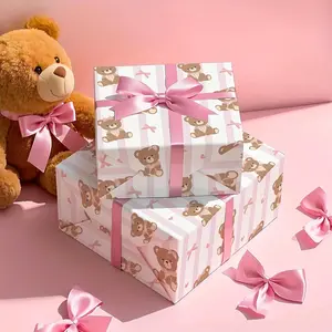 Cute Bear Wrapping Paper Roll, Pink Bow Heart Striped Gift Wrapping Paper, Ideal for Birthday Wedding Mother's Day Gift Packing, 58*23in