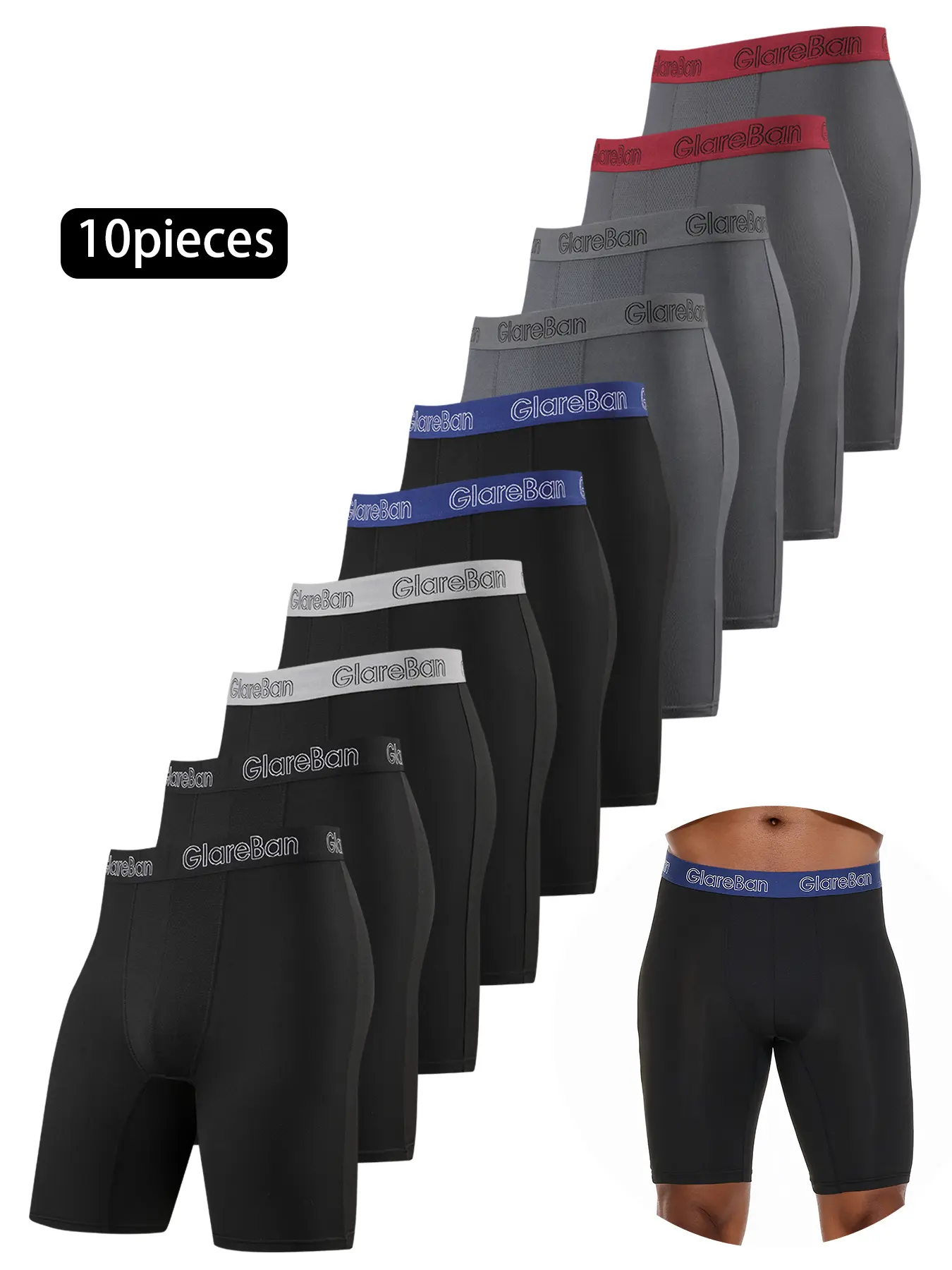 10-Pack Men's Long-Leg Sports Boxer Briefs, Quick-Dry Workout Gym Underwear, High-Quality Soft Comfortable Boxer Shorts for Men, Sporty Underwear