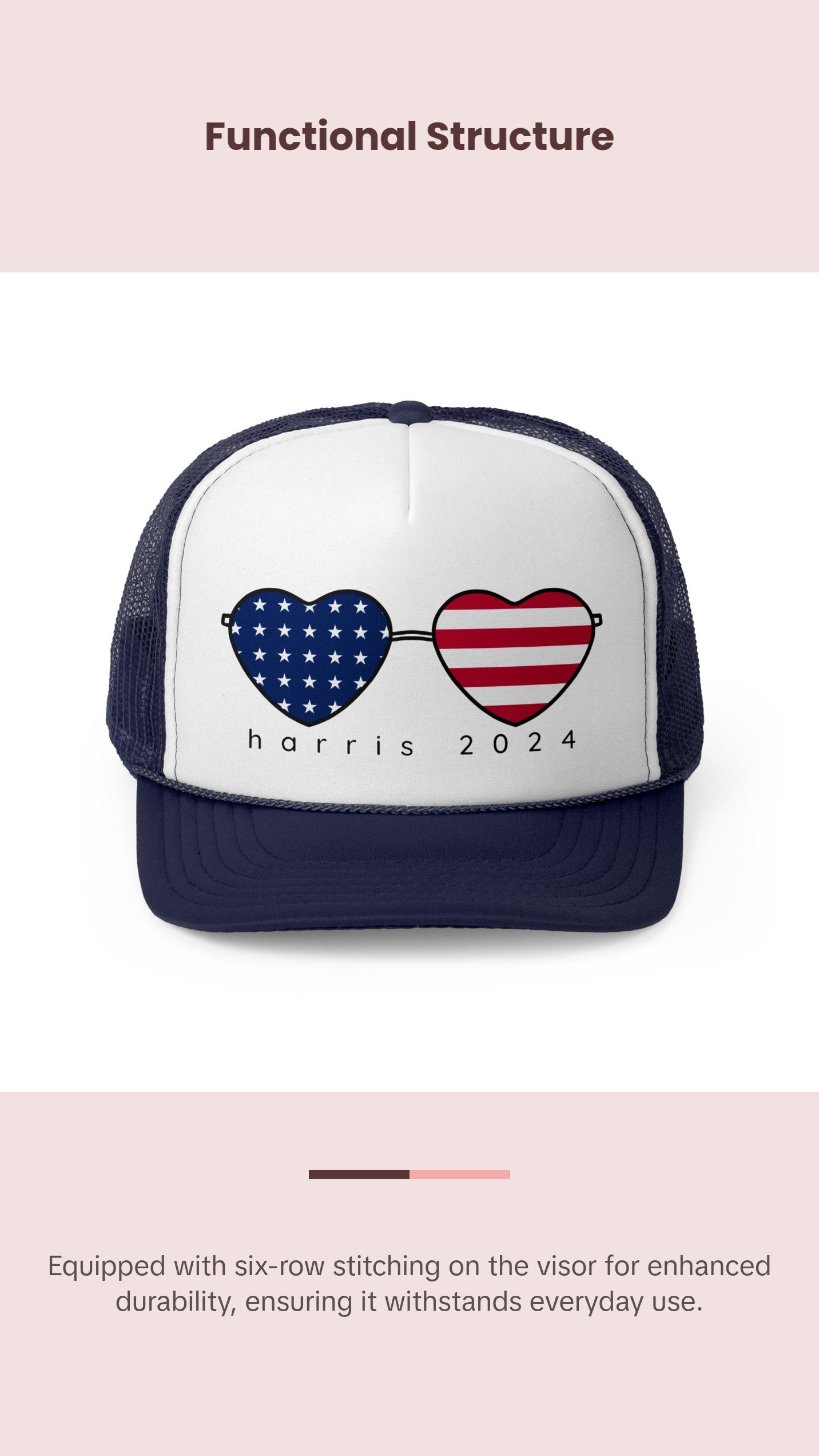 Kamala Harris Trucker Hat - American Flag Hearts Cap