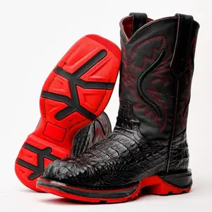 Black Caiman Neck Leather Boots With 3D Lightweight Sole - Composite Toe