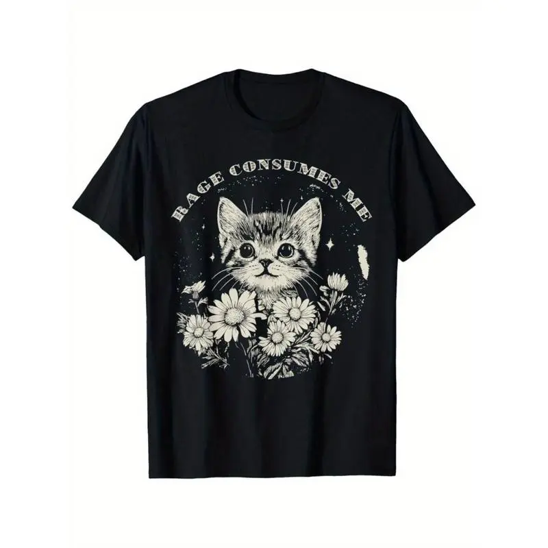 Funny Cat Graphic T Shirt With Rage Consumes Me Sarcastic Kitten And Flower Design On Soft Cotton Fabric Golf Gift T-Shirt For Men and Women Comfortable Black Cotton Round-Neck T-shirt Men's Casual Navy Blue Round Neck T-Shirt long sleeve merch outfits