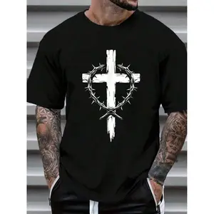 Christian Punk Art Style Crown Of Thorns Jesus Christ T-Shirt Print Casual Crew Neck Short Sleeve Comfortable Tee Top for Spring and Summer Men's Clothing