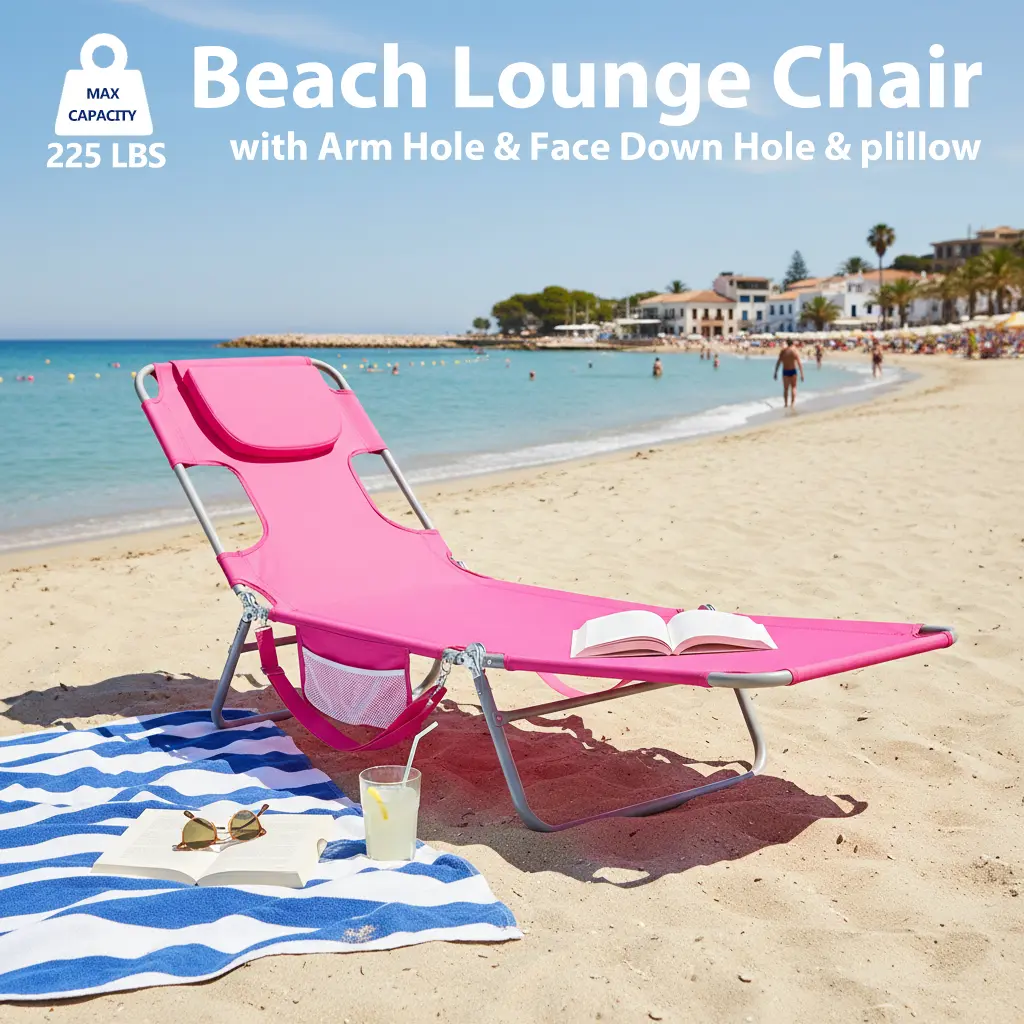 【Summer Sale】Folding Adjustable Chaise Lounge Chair, Portable Beach Lounge Chair with Backpack Straps & Side Pocket for Outside, Patio, Poolside, Lawn