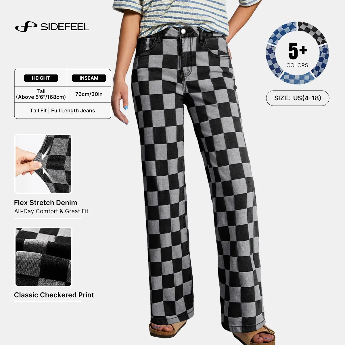 Sidefeel Women's Wide Leg Jeans High Waisted Stretchy Straight Leg Checkered Loose Denim Pants DealsForYouDays summerwins WeeklyDeals Summer Outfit