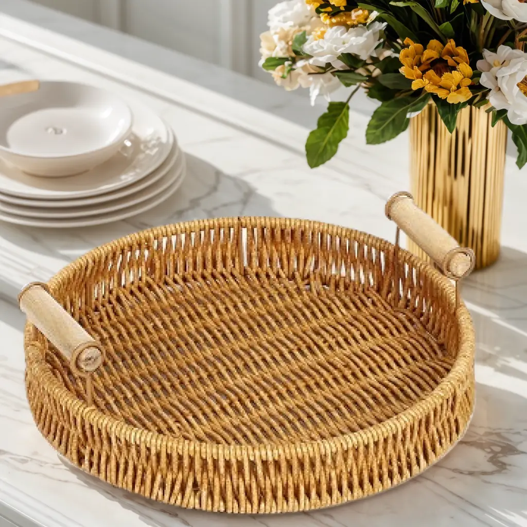 Decorative Round Rattan-Style Serving Tray with Handles, Kitchenware for Bread, Fruit, Snacks, Tea, Kitchen Counter & Dining Table Decor