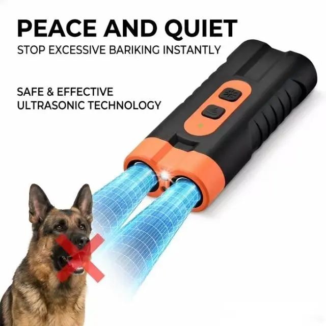 Humane Ultrasonic Dog Barking Deterrent Training Tool - USB-Rechargeable, Dual Emitters, 50ft Range, 25KHz Frequency, Flashlight, Portable Grip, Accessory Kit, 2-in-1 Device Trains and Lights, Sound-Based Training Feels Gentle for Indoor & Outdoor Use