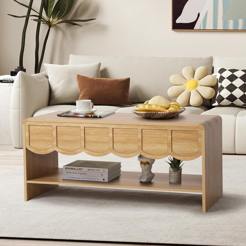 Giratree 39.37" Lift Top Coffee Table with Hidden Compartment, 2 Tier Wooden Center Table with Wave Panel, Modern Lift Tabletop for Home Living Room Office, Walnut