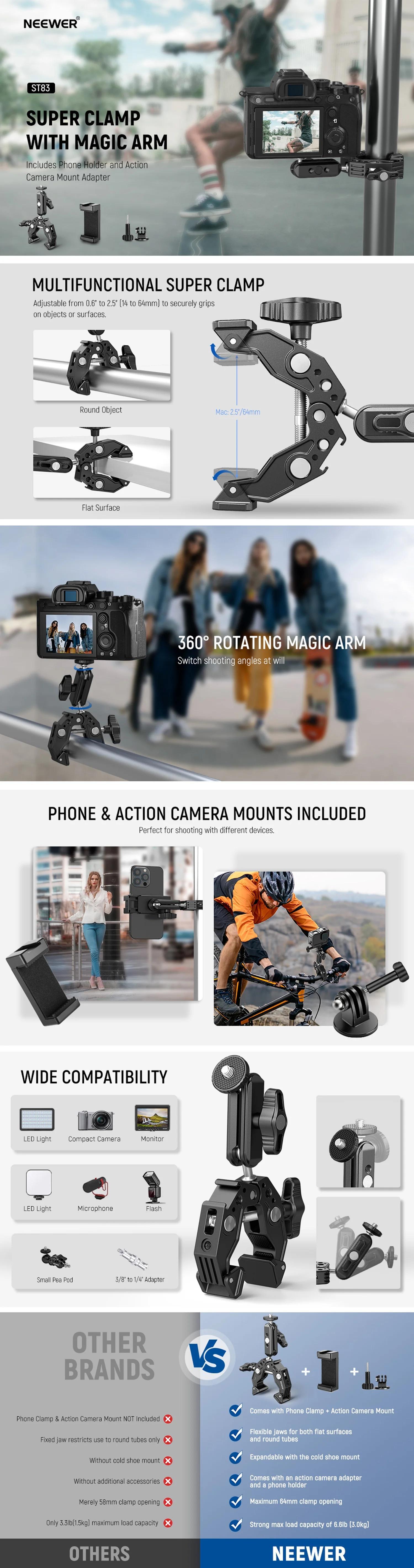 NEEWER ST83 Super Clamp with 3" Dual Ballhead Magic Arm