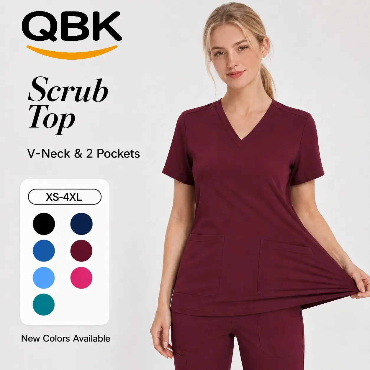 QBK V-Neck Stretch Scrub Top for Women with 2 Pockets, Comfortable and Wrinkle-Resistant Medical Workwear Uniform, Lady, Women's Clothes