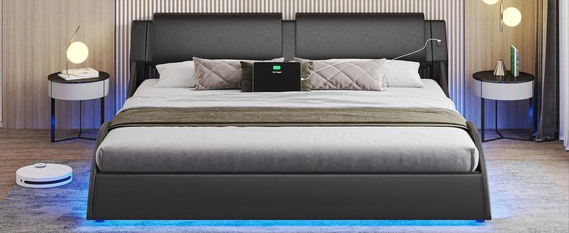 Sikaic Wave Like Curve LED Lighting Platform Bedframe with Charging Ports and Headboard Black Unique Bedroom Furniture Upholstered Modern Cama App Control Remote Control