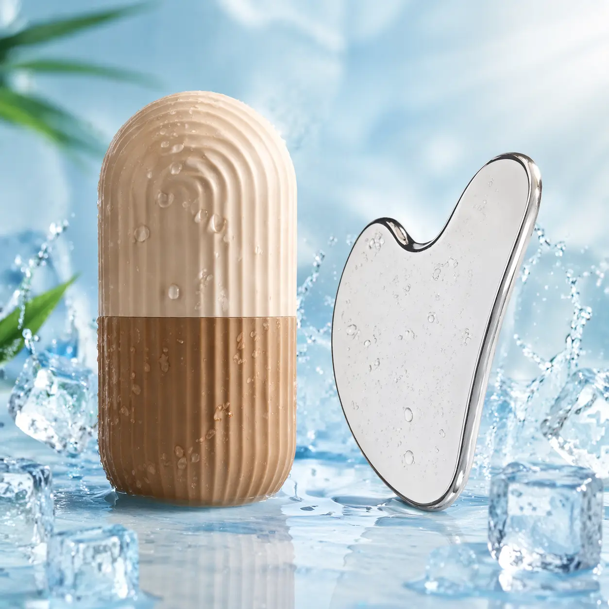 Summervibes Facial Ice Roller & Stainless Steel Gua Sha Tool Set – Ice Grid Face Massager for De-Puffing, Lymphatic Drainage, Migraine Relief, Skin Tightening & Contouring Beauty Kit