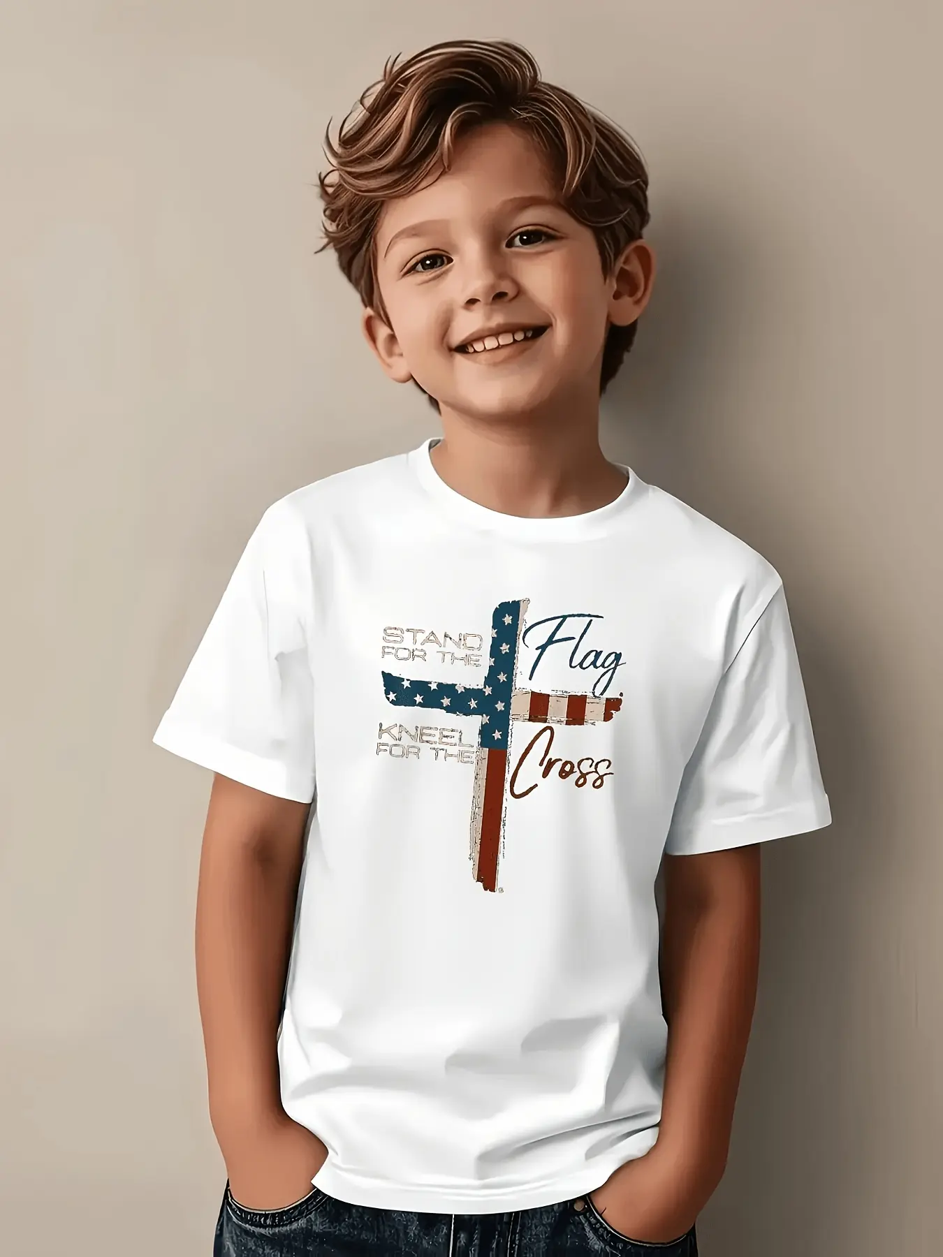 Boys' White Short Sleeve T-Shirt, Stand For The Flag Kneel For The Cross USA Flag Cross Patriotic Faith Casual Cotton Kids Tee