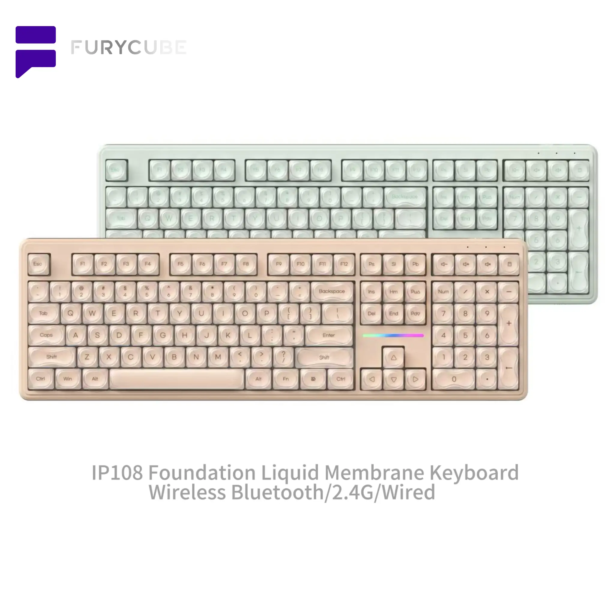 FURYCUBE IP108 PRO Foundation Gaming Keyboard,108 keys Keyboard Tri-mode Cute Keyboard Classic Keyboard with Number Pad,Membrane keyboard,RGB Backlit Ergonomic Office Silent Computer Keyboard for PC, MAC, PS4, Xbox ONE Gamer,Giftguide tiktokshopspringglow