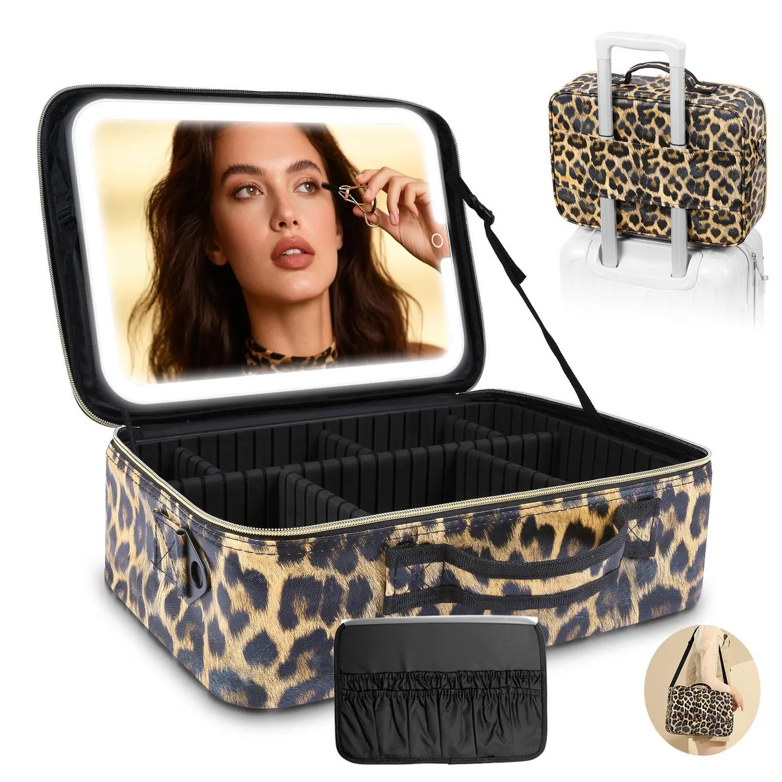 【Large Size】Portable Viral Plus Size Travel Makeup Bag with LED Mirror . Waterproof Cosmetic Train Case with Three-color Light ，Adjustable Dividers， Professional Cosmetic Artist Organizer. Perfect Gift for Her，Mother&Family.  Travel Essential