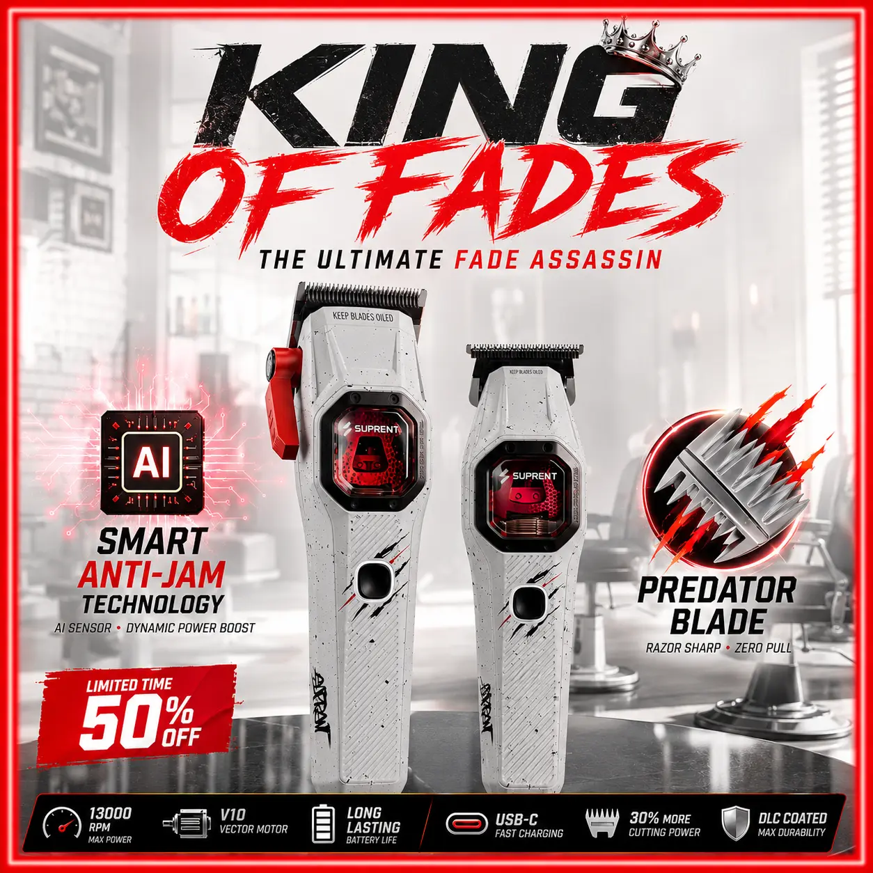 SUPRENT FANGS Assassin Edition Professional Hair Clipper & Trimmer Set, V10 Vector Motor with DLC Blades, Precision Fade Grooming Kit for Men,back to school,back to school haul