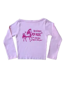 i like to listen to pop music bubblegum pink 3/4 length sleeve crop top graphic unicorn bubbly pop princess shirt