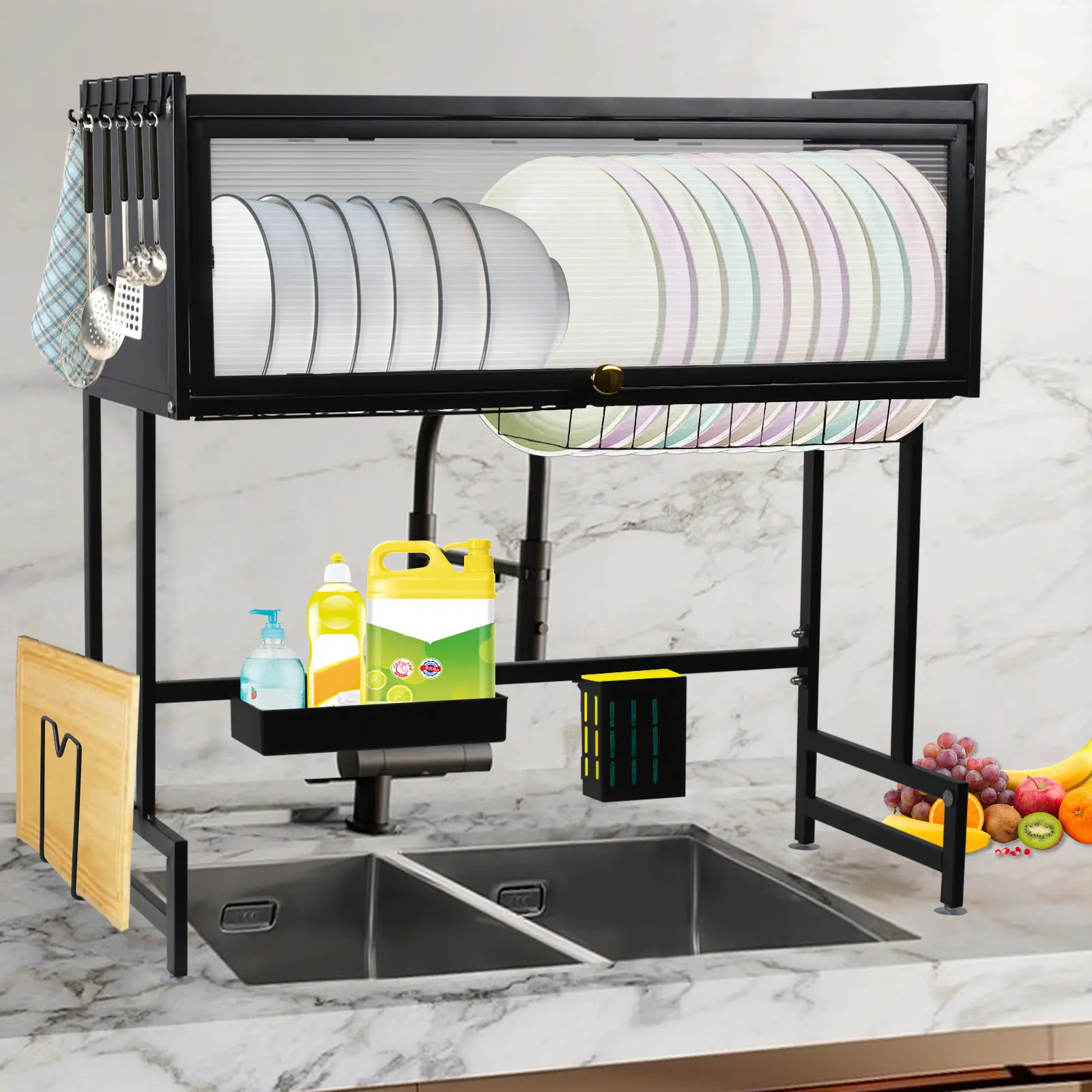 3-Layer Covered Large Size Multifunctional Over the Sink Dish Drying Rack, Stainless Steel Kitchen Counter Organizer with Utensil Holder, Knife Rack, Cutting Board Holder & Hooks, 25.9" L × 11" W × 30.4" H, Black Home Supplies