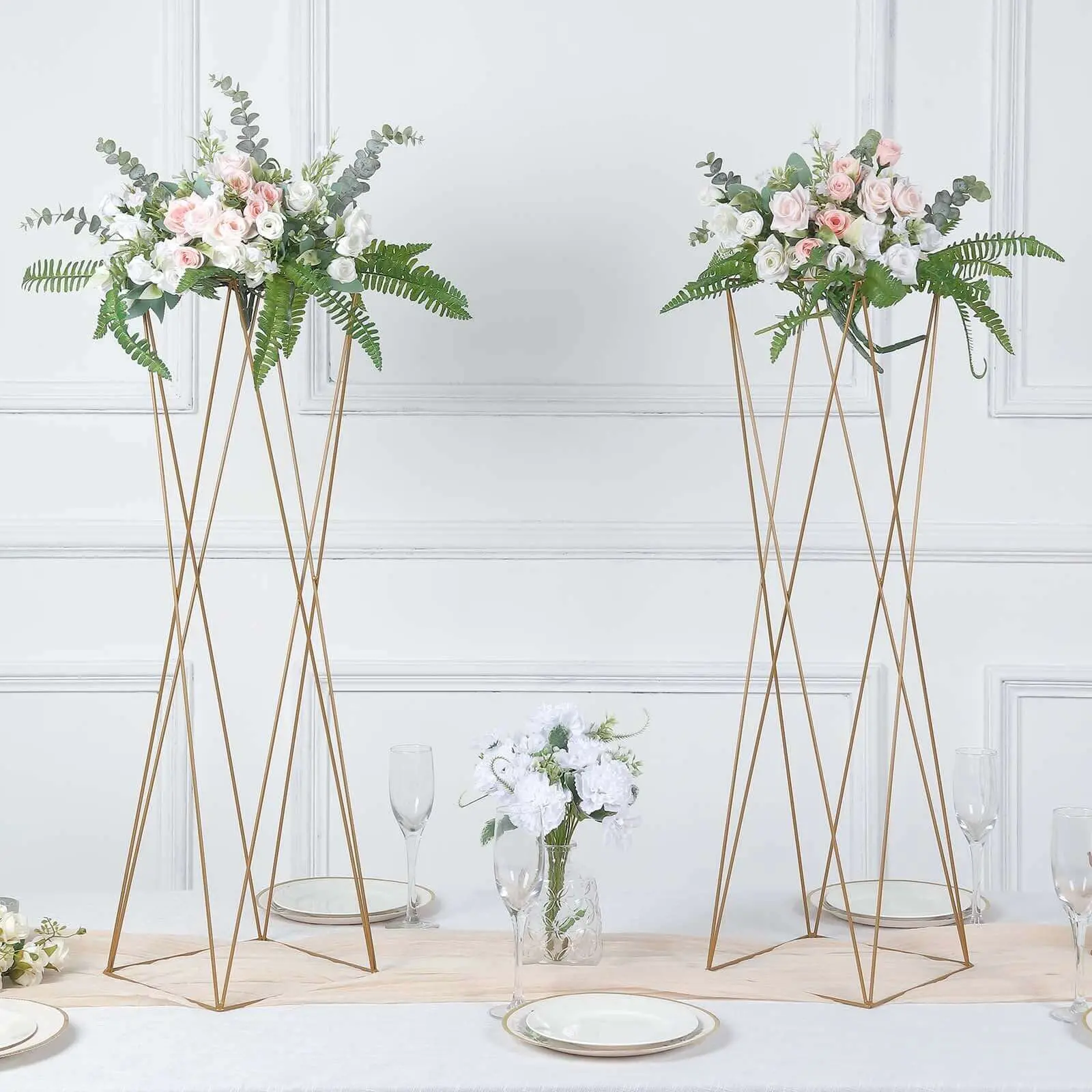 2-Pack 32 inches Gold Geometric Crisscross Metal Pedestal Stands, Open Frame Decorative Open Column - Party, Gold Wedding Arch Centrepieces, Not Specified
