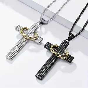 Crown of Thorns Cross Necklace Religious Christian Gothic Cross Pendant Necklace First Communion Baptism Goth Jewelry Gifts for Men Women Christmas New Year Gift