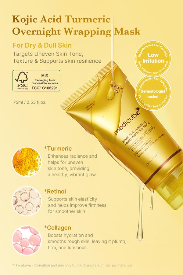 [medicube] Kojic Acid Turmeric Night Wrapping Mask | Overnight Wrapping Mask, Morning Shed, Turmeric, Niacinamide, Vitamin C