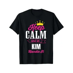 Keep Calm And Let Kim Handle It T-Shirt - K-Drama Inspired Korean Pop Culture Tee with Kim Name, Pink & White Lettering, Short Sleeve Round Neck Casual Shirt for K-Pop Fans Graphic Man