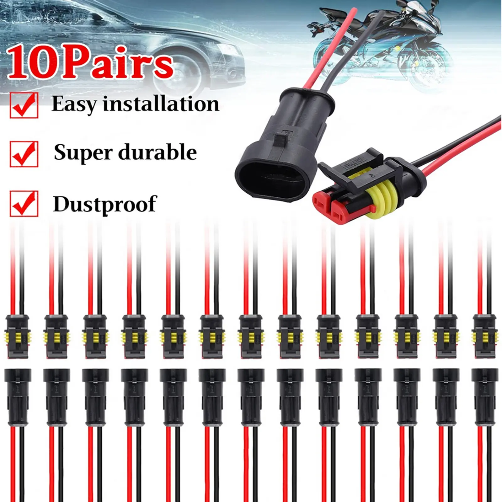 10Pairs 2-Pin Car Waterproof Electrical Connector Kit – Male & Female Terminals Set  #fathersdaygift