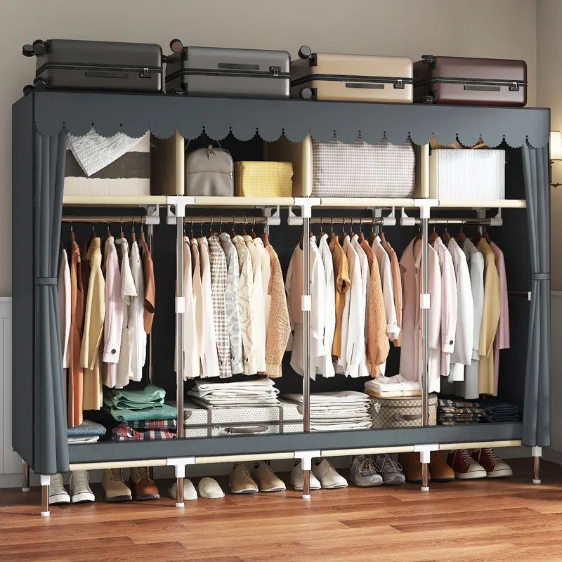 LEAIJIAFY Large Portable Folding Stackable Closet Wardrobe - 4 Hanging Rods, Metal Garment Rack, 16.7" Width Gray Dustproof Cover, ABS Plastic Divided Organizer, Regular Door Compatible, Room Storage for Small Bedrooms