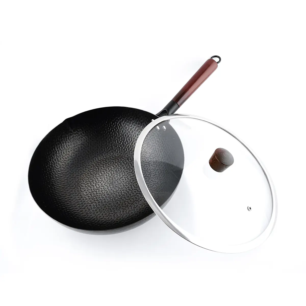 NARITA 32cm Carbon Steel Wok with Lid - Uncoated Hammered Wok for All Stovetops, Induction Compatible