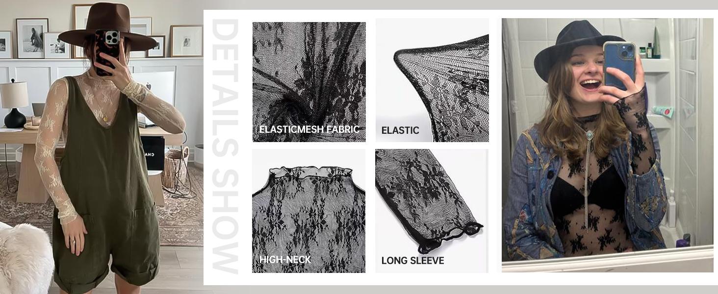 SCUSTY Women's Lace Mesh Tops Long Sleeve Floral Lace Blouse Sheer Mesh Mock Neck Layering Top  with Cowl Neckline & Floral Embroidery for Stylish Layering