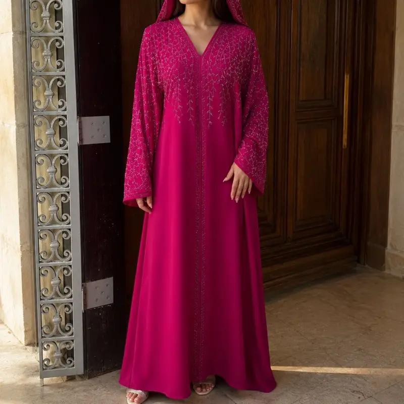 Dubai Abaya - Dark Color with Embroidered Detailing, Long Sleeves, Button Front, Classic Style, Suitable for Everyday Wear