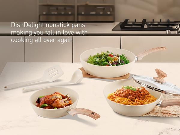 【Christams Gift】 Kitchen Academy Granite Pots and Pans Set Non Stick 12 Piece Cast Induction Cookware Set Beige Nonstick Kitchen Cooking Set w Frying Pans Saucepans PFOS PFOA PFAS PTFE Free Silicone Steel Steel Aluminium Glass Glass Lid Stove Stove