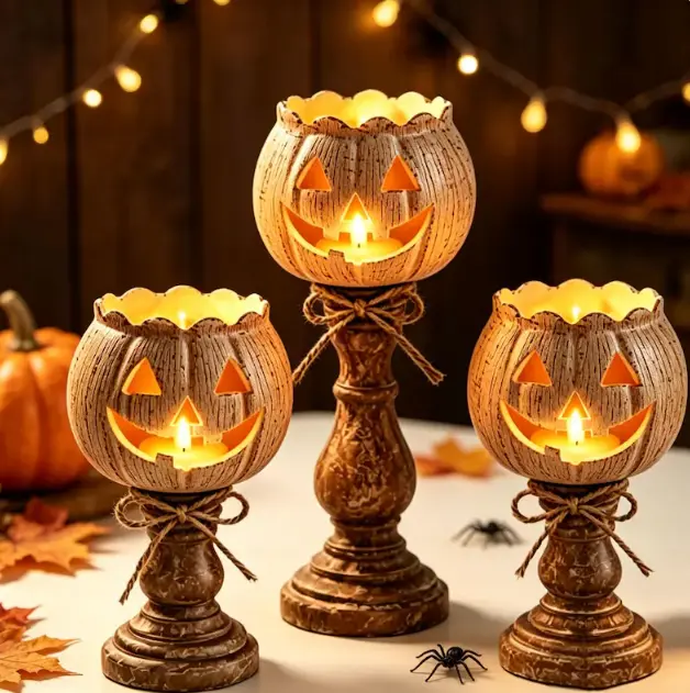 Antique White Pedestal Pumpkin Candle Holder Set - Farmhouse Garden Decor, Halloween Table Centerpieces, Outdoor Lawn Jack-O-Lanterns Ornament