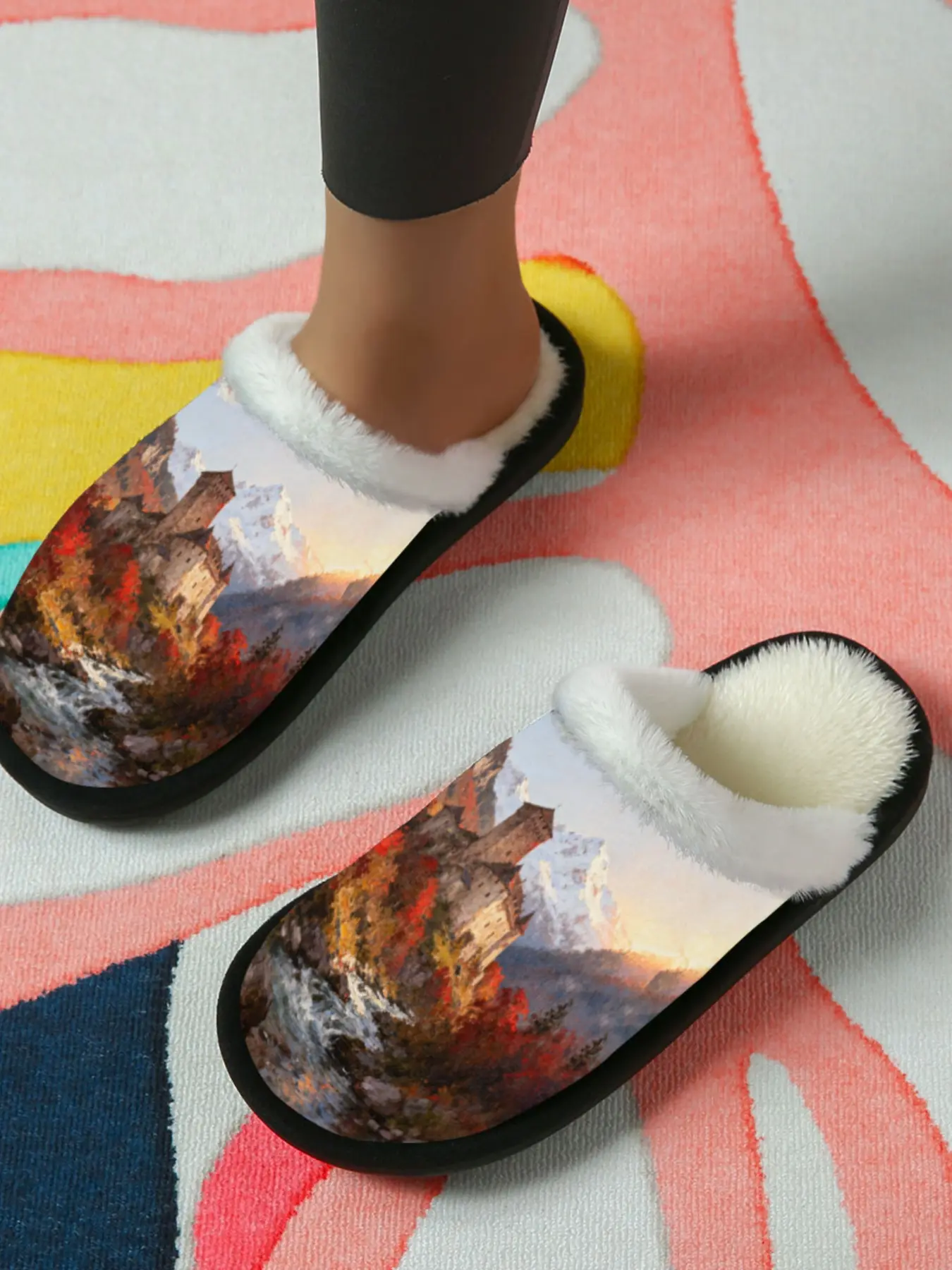 Mountain Castle Oil Painting Cotton Slippers, Vintage Artistic Style, Plush Lined Anti-Slip Thick Sole, Home Warm Shoes for Men Women Fall Winter