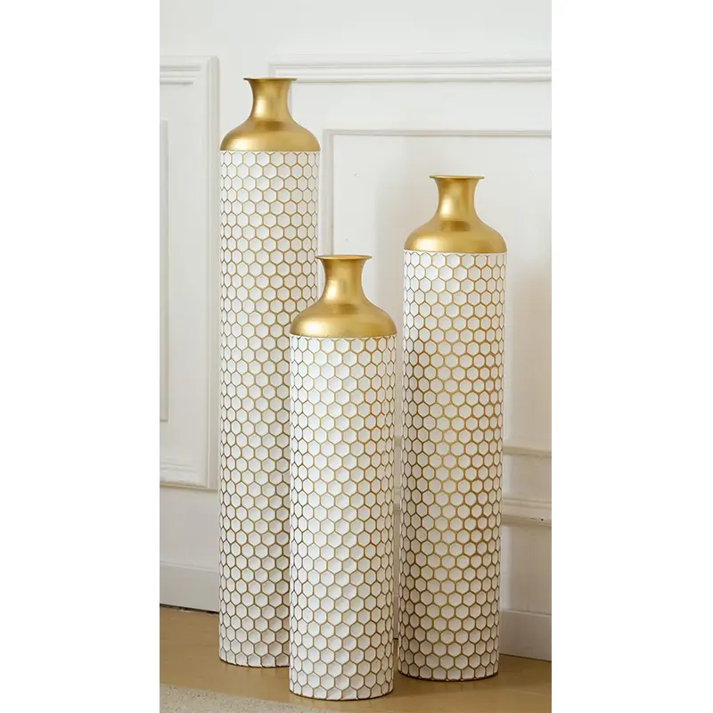 Set of 3 Tall Floor Vases for Living Room Decoration, White Vases for Home Decor, Embossed Body Pattern, 33.4" H / 28.74" H / 24.4" H Geometric Cylinders