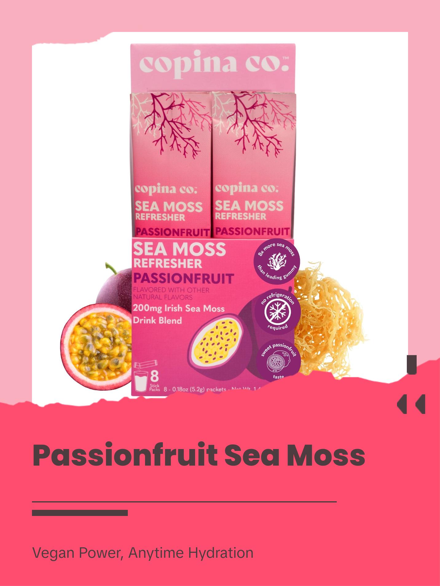Copina Co. Passionfruit Sea Moss Drink - 8 Stick Packs 5g Each - Organic Irish Sea Moss Powder - Vegan Superfood Drink for Gut Health and Immunity - Hydration and Energy Boost with Organic Sea Moss