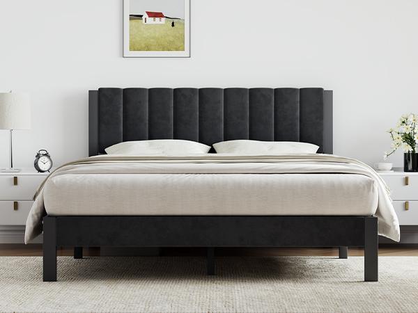 Novilla  Bed Frame Upholstered Platform Full/Queen/King Bed Frame with Adjustable Headboard, Strong Weight Capacity, No Box Spring Needed, Easy Assembly, Grey Modern Unique Bedroom Furniture,Holiday Haul
