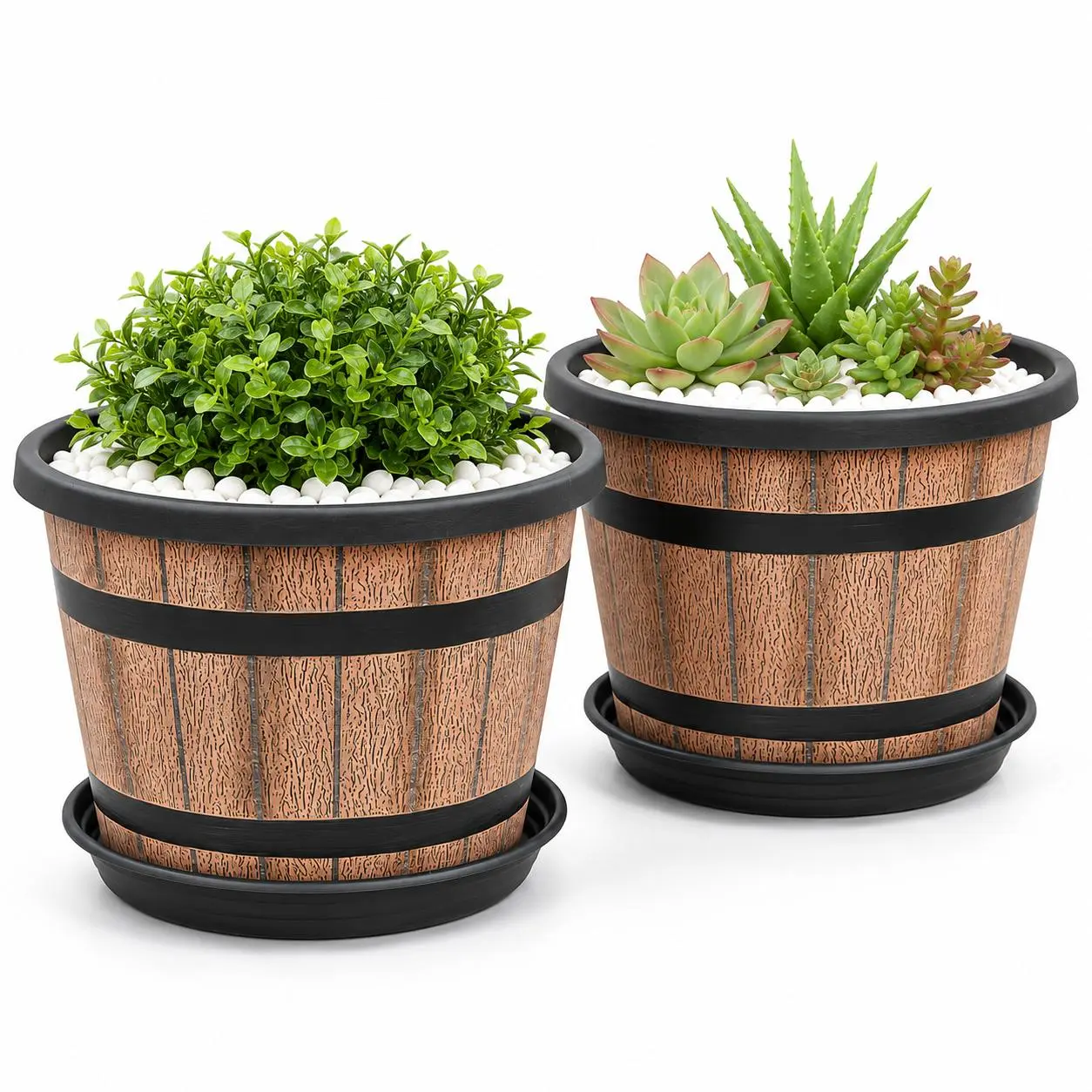 2 Pack Wooden Barrel Planter Pots with Matching Saucers, Lightweight Plastic Plant Pots with Drainage Holes, 4L Rustic Flower Pots for Indoor Outdoor Garden Patio Porch Balcony Green Plants Succulents Herbs