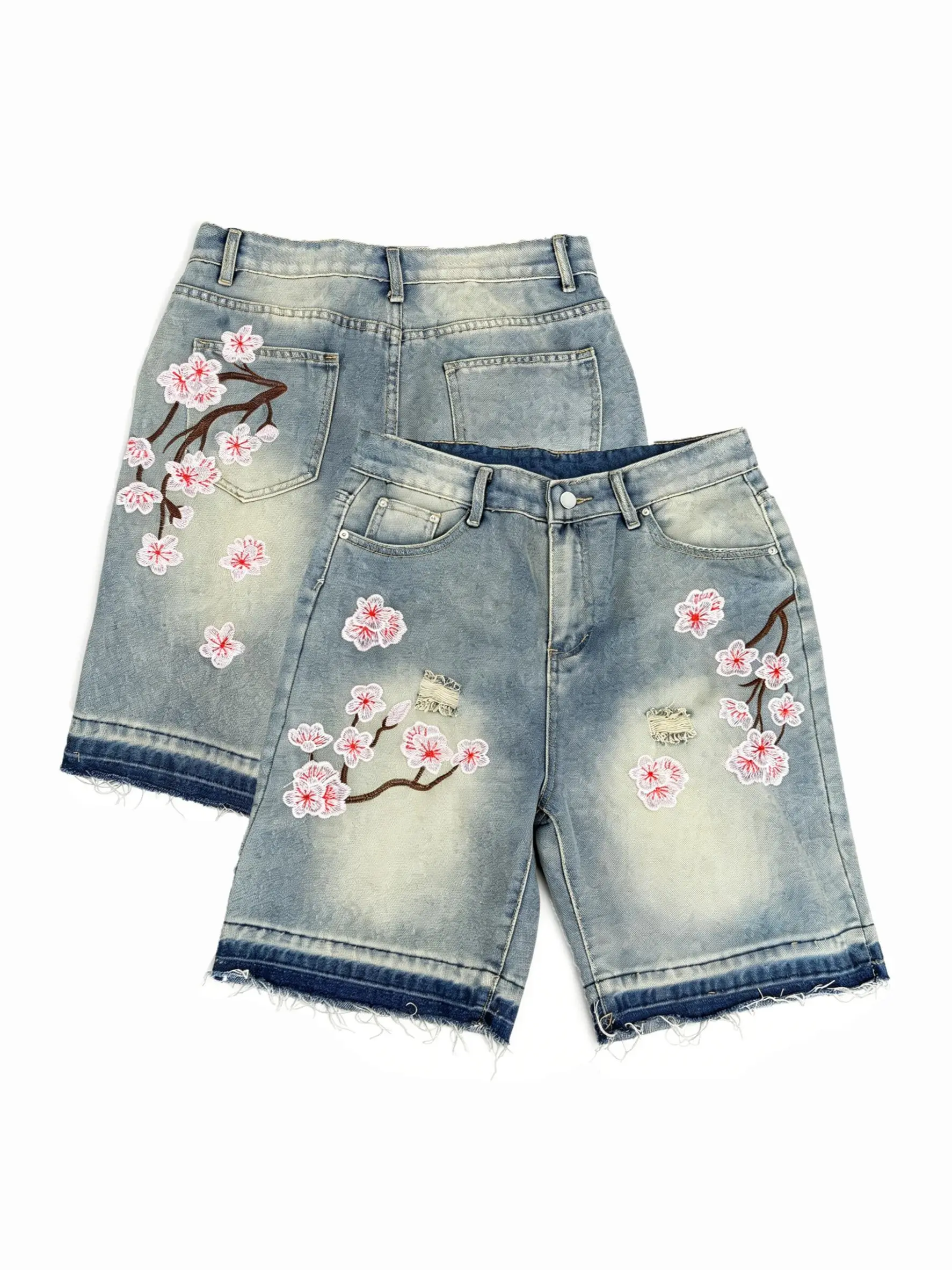 Y2K Cherry Blossom Jorts, Gradient Wash Mid Rise Baggy Denim, Sakura Embroidery Distressed Frayed Raw Hem Stretch Non-tight Shorts, 90s Streetwear Skate Festival Summer Outfit