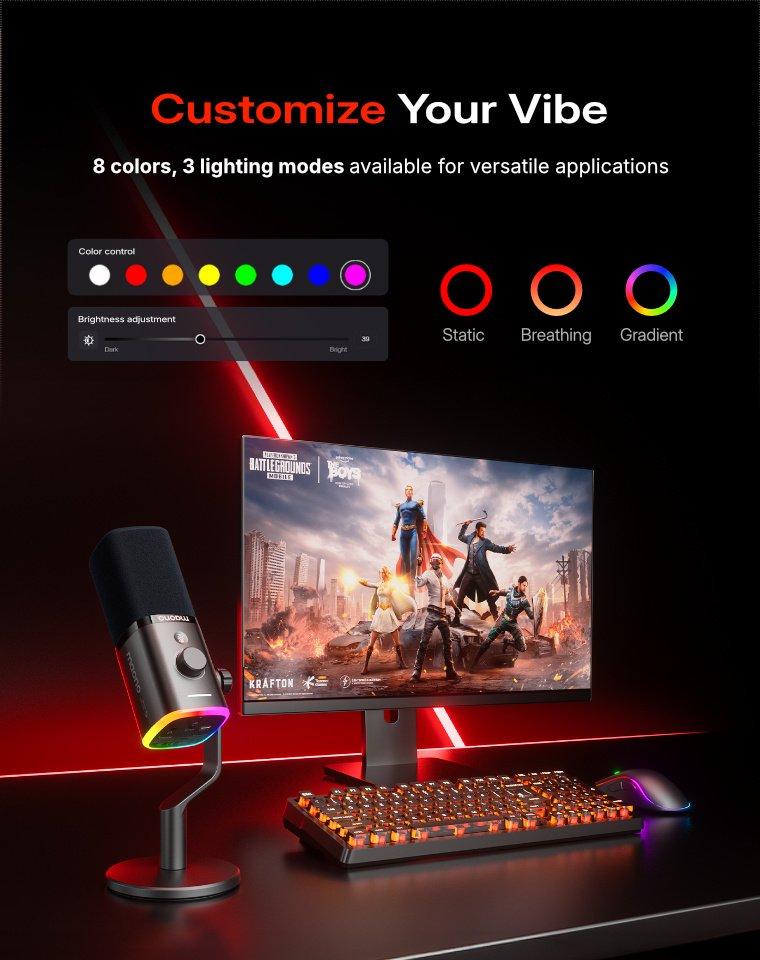 Maono PD100W Wireless & USB gaming microphone for podcast recording, meeting, dynamic RGB mic with quick mute, headphone jack, gain knob, volume control, desktop mic for PC Gamer. widely compatible with PCs, smartphones, laptops, PS4, and PS5.