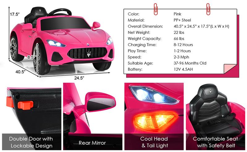 [Costway]- 12V Kids Ride-On Car with Remote Control, Lights, Steering Wheel-Springtok
