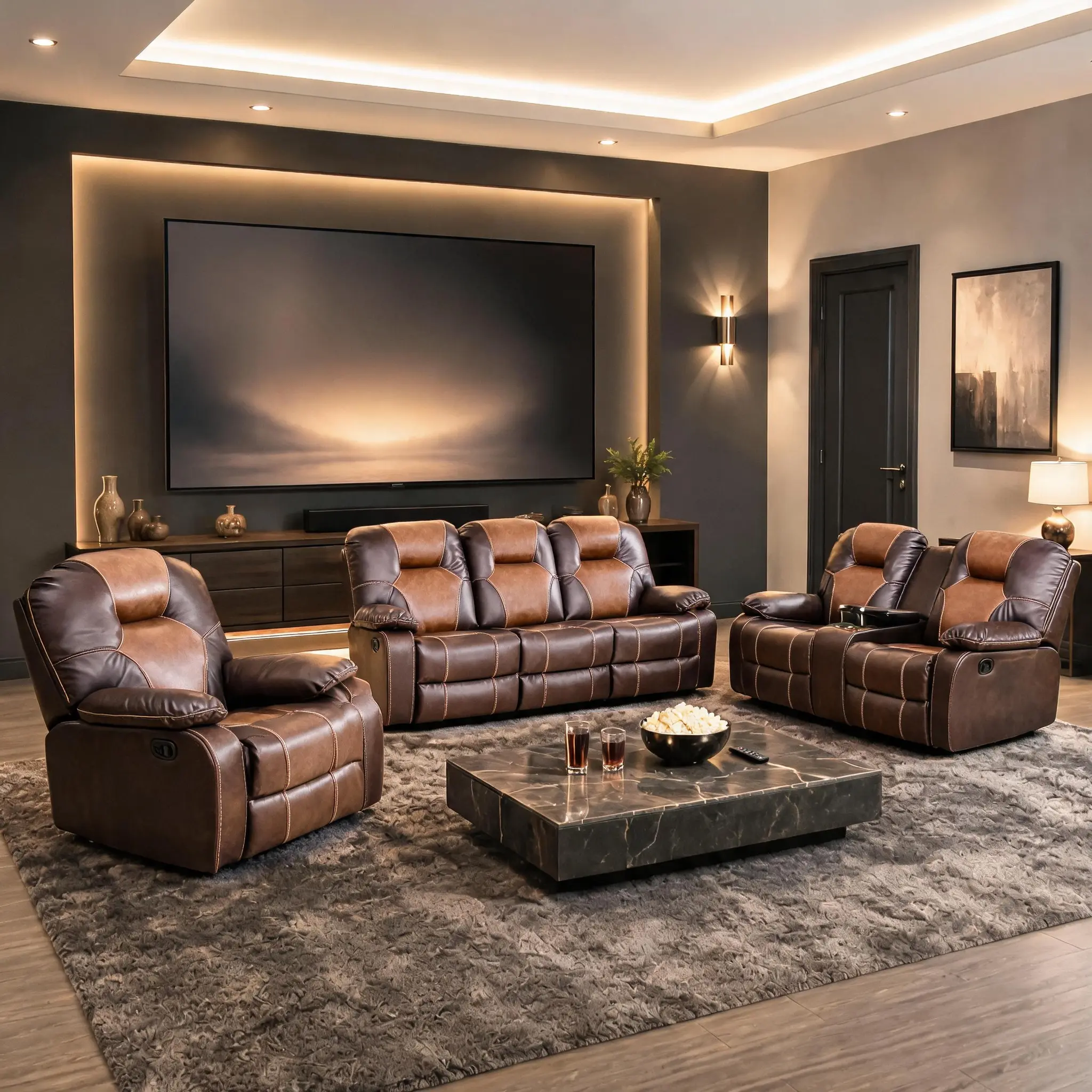 ainehome Modern Genuine Leather Recliner 3-Piece Indoor Living Room Furniture Set - Couch, Sofa, Loveseat, Cup-Holder, Reversible Stretched Out Coffee Table, Breathable Davenport, Storage