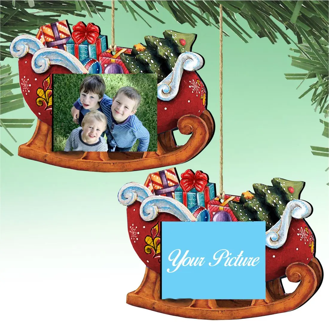 Designocracy 8112047-PF-S2 2-Piece Handmade Santa Theme Square Wooden Christmas Photo Frame Ornament, 5.5x5 in, Indoor Holiday Home Decoration, Ideal for Gifting